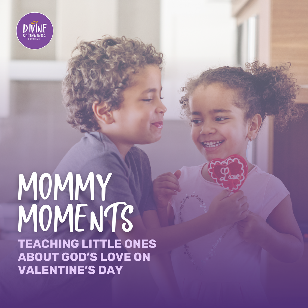 Two young children smile as they share a heart-shaped Valentine’s Day treat. Text reads: 'Mommy Moments - Teaching Little Ones About God’s Love on Valentine’s Day.'