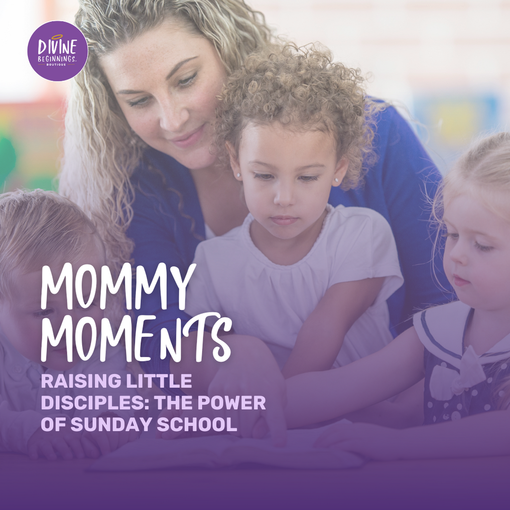 Woman teaching young children as they read together; “Mommy Moments: Raising Little Disciples—The Power of Sunday School” text included.