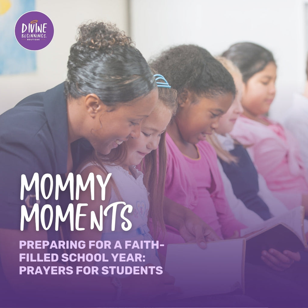 A smiling woman reads with young girls in a classroom, promoting faith-based prayers for students during the school year. Text: Mommy Moments.