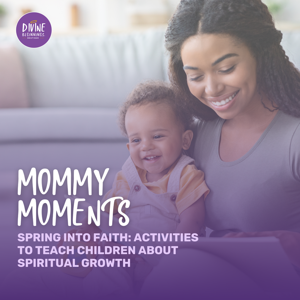 A smiling mother and her young child read together on the couch. Text reads: 'Mommy Moments - Spring Into Faith: Activities to Teach Children About Spiritual Growth.