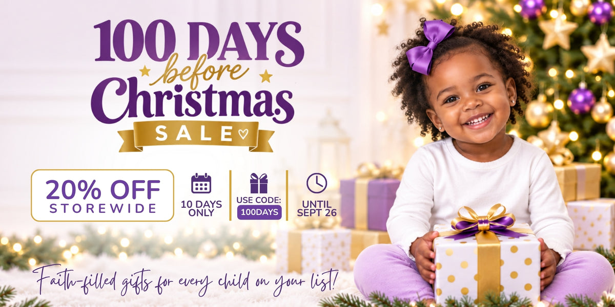 A promotional holiday banner with the text '100 Days Before Christmas Sale' and '20% Off Storewide,' alongside a smiling young child in a white top and purple bow holding a wrapped gift box in front of a decorated Christmas tree.