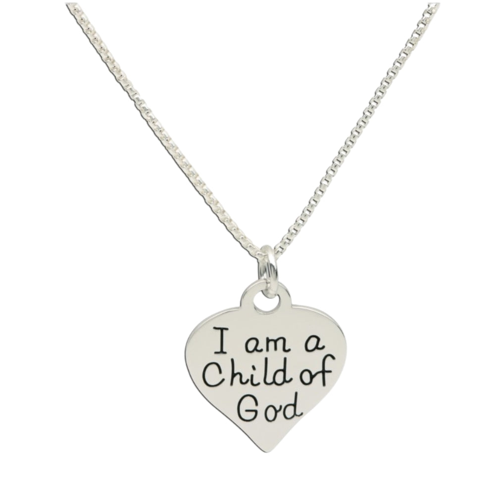 Silver necklace with a heart-shaped pendant that reads 'I am a Child of God' on a white background.