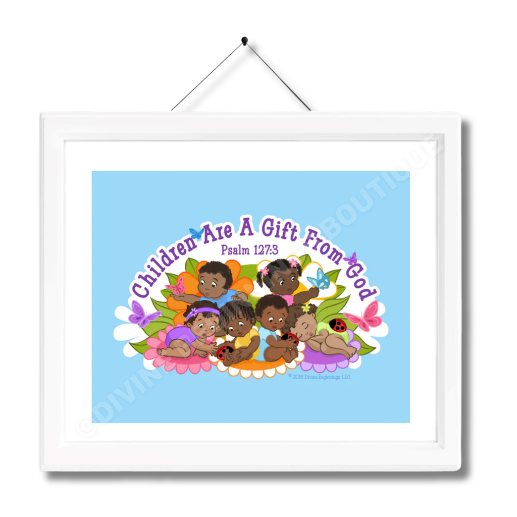 A framed artwork featuring multiple children of various skin tones against a blue background, with a white mat, displaying the text 'Children Are A Gift From God - Psalm 127:3'.