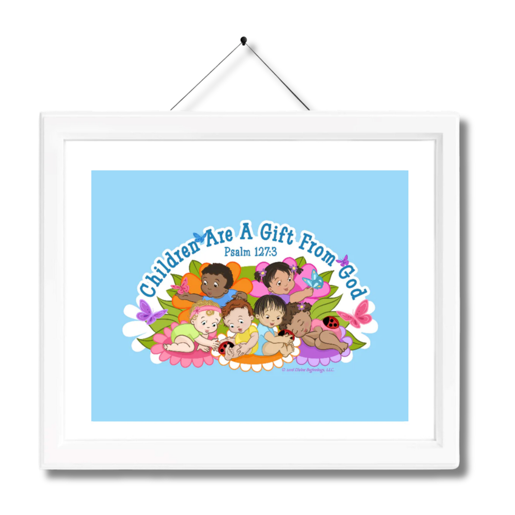 A framed artwork featuring diverse children with a blue background and white mat, hanging on a wall.
