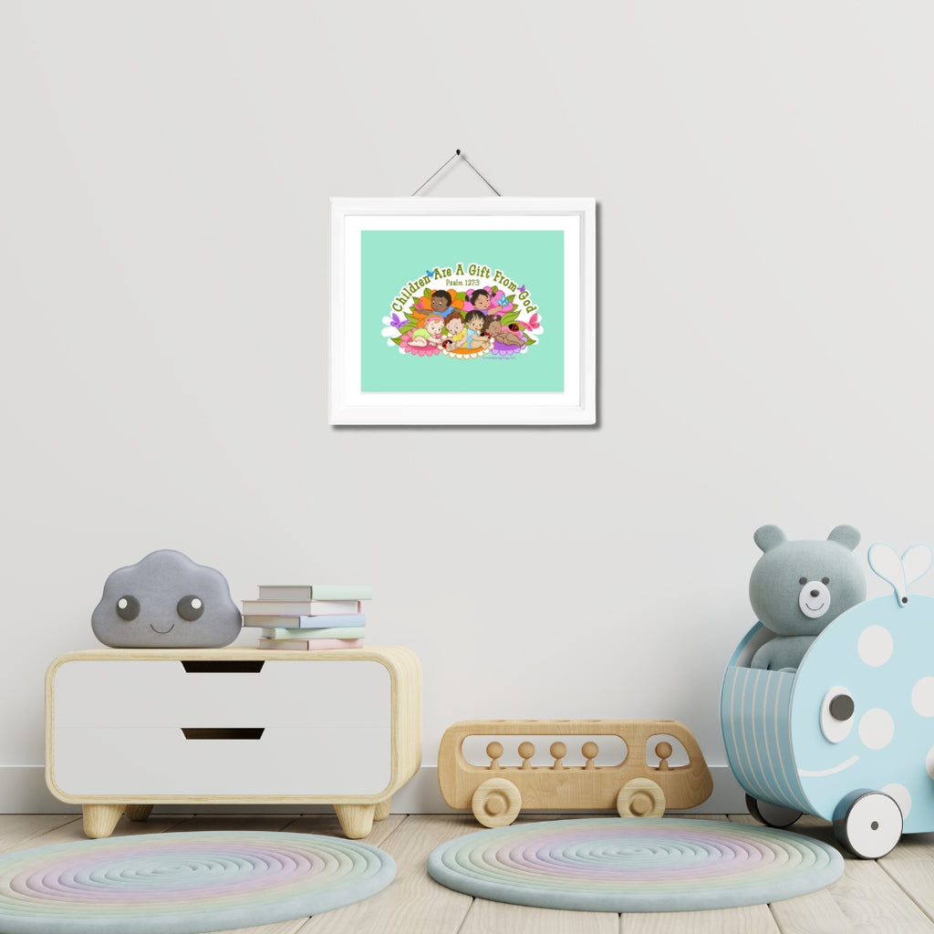 Children's room with toys, a cloud-shaped nightstand, and a framed picture on the wall.