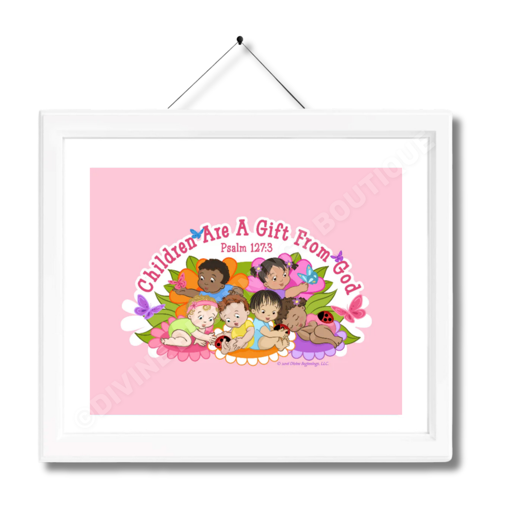 A framed artwork featuring diverse cartoon children on a pink background with the scripture 'Children Are A Gift From Above' from Psalm 127:3.