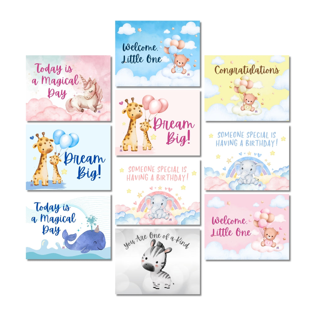 Collection of colorful children's greeting cards with various illustrations and text.