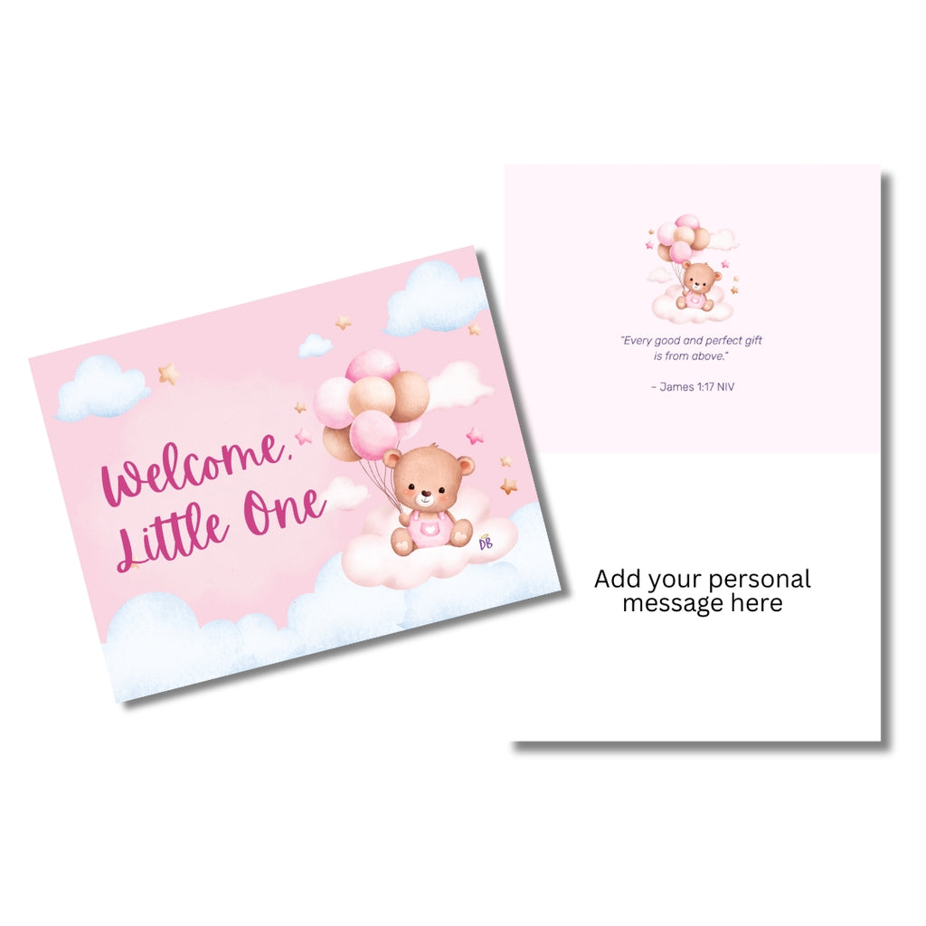 Baby shower card with teddy bear and balloons on a pink background