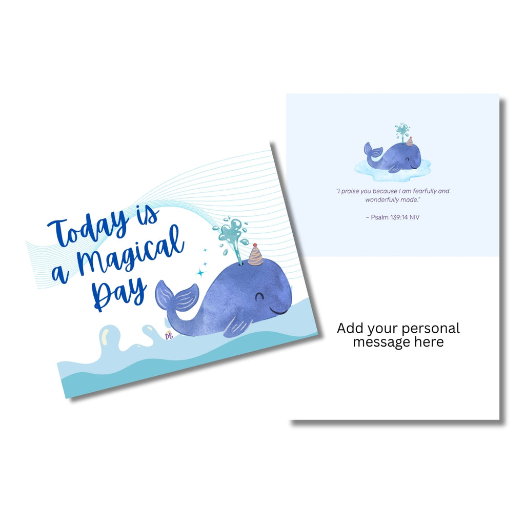 Two greeting cards with whale illustrations and motivational text on a white background