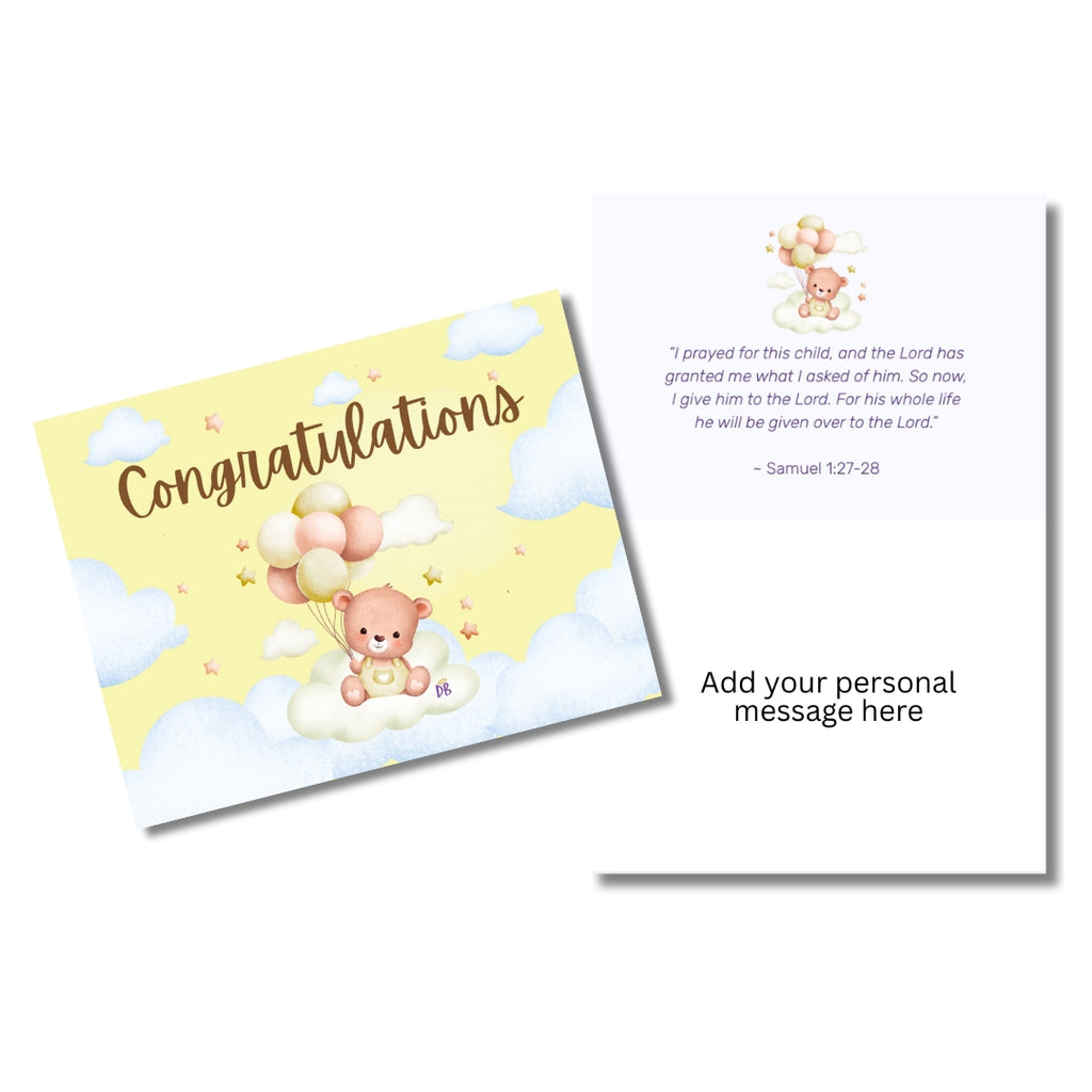 Baby shower card with teddy bear and balloons on a yellow background