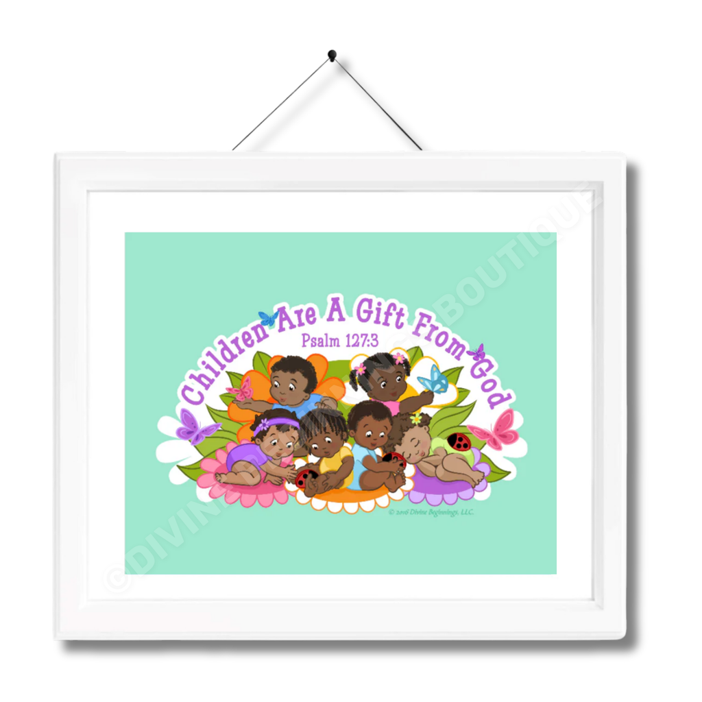 A framed artwork featuring multiple black children with a green background, hanging on a white wall. The artwork includes text that reads 'Children Are A Gift From Above' from Psalm 127:3.