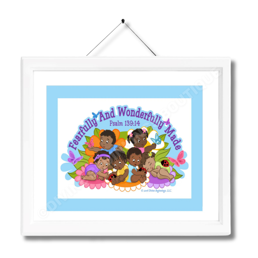 A framed artwork featuring a colorful illustration of diverse children with floral elements, titled 'Fearfully and Wonderfully Made' with a blue border and white mat.