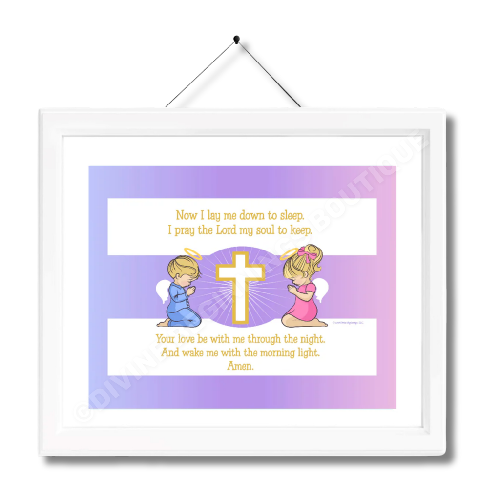 A framed artwork featuring blonde children with a bedtime prayer text, displayed in a white frame hung on a wall.