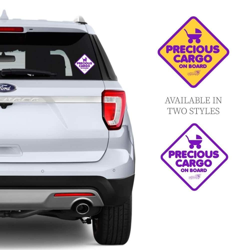 Car with 'Precious Cargo on Board' stickers on a white background