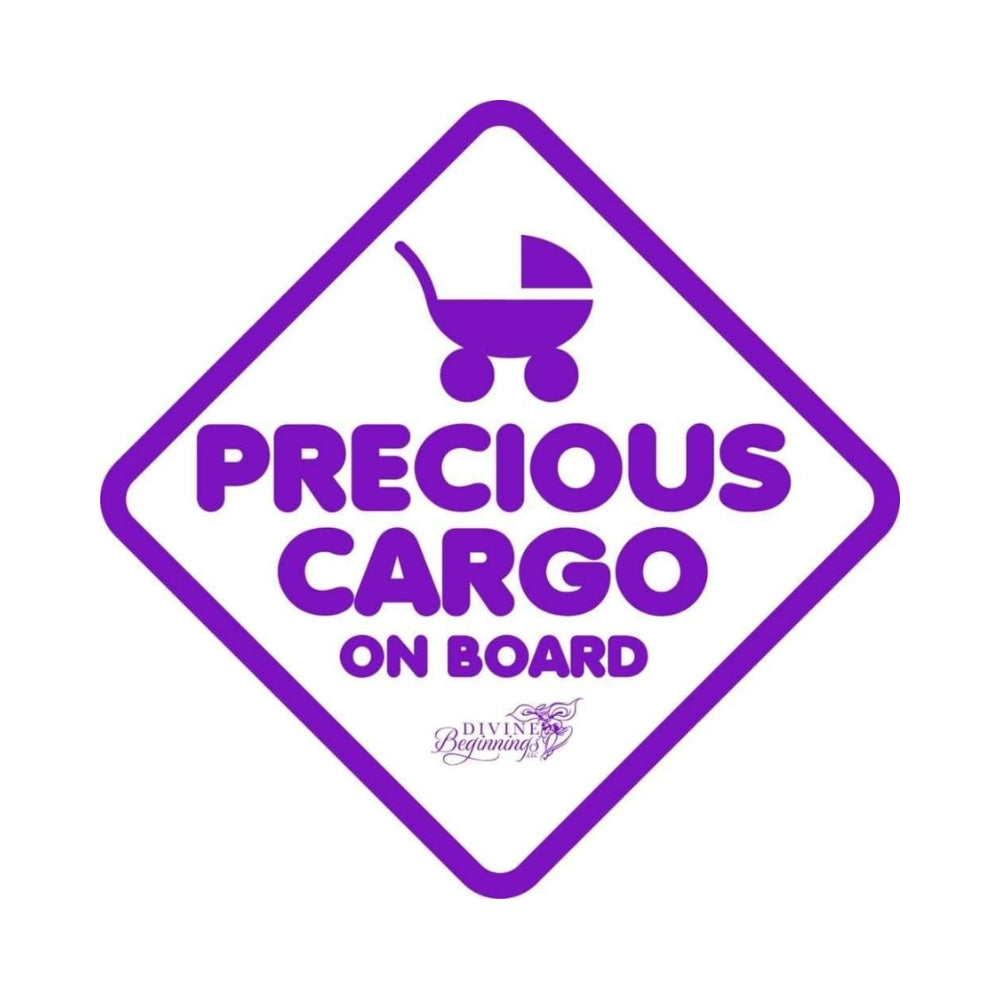 Purple 'Precious Cargo on Board' sign with baby stroller icon on a white background