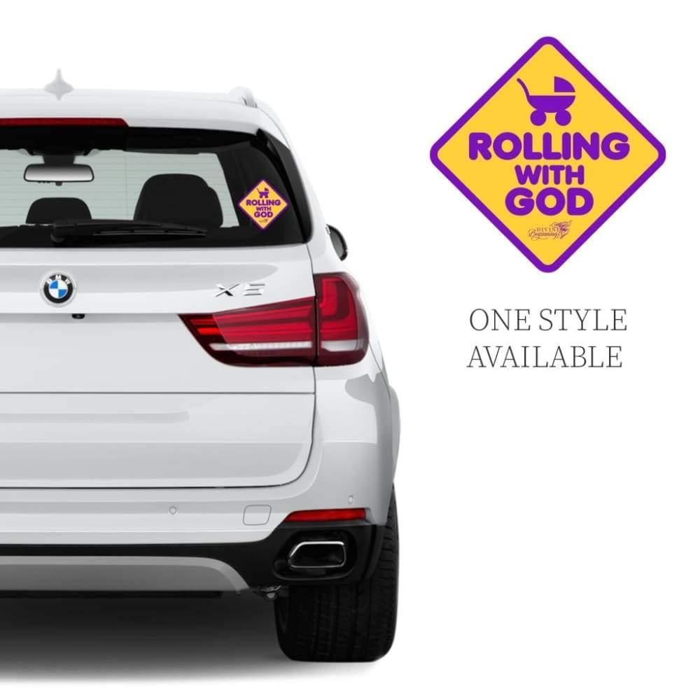 White car with 'Rolling with God' decal on a white background