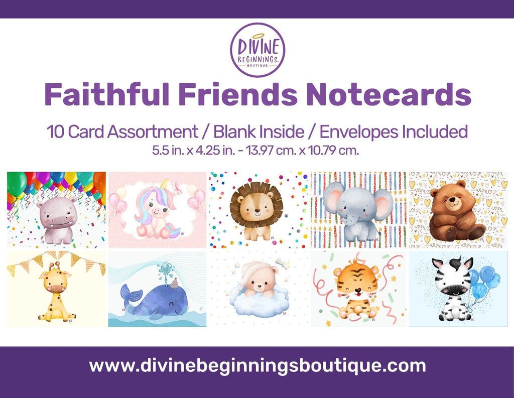 Promotional image of 'Faithful Friends Notecards' with various animal illustrations and product details.
