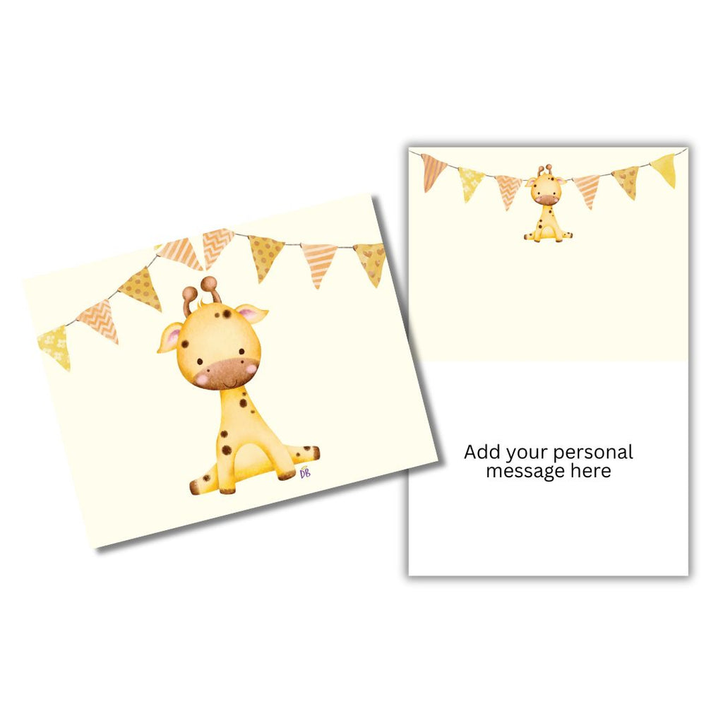 Two cards with a cartoon giraffe and bunting design on a white background.