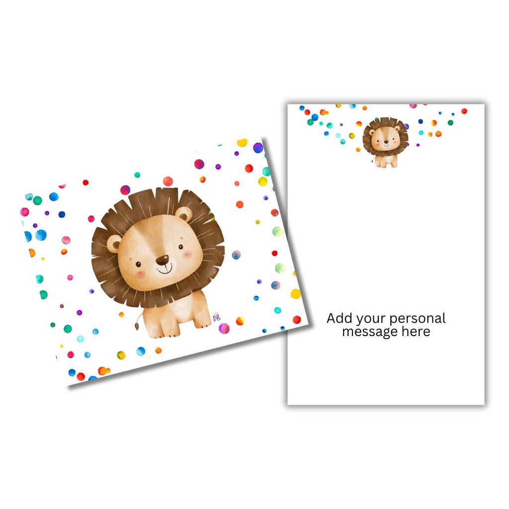 Two children's cards with cartoon lion illustrations on a white background.