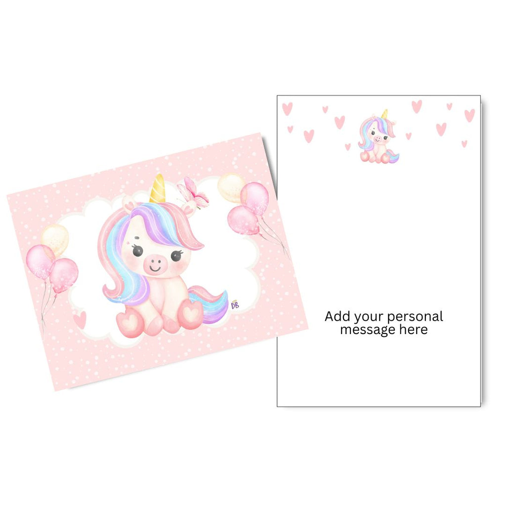 Greeting card with a cute unicorn design on a pink background