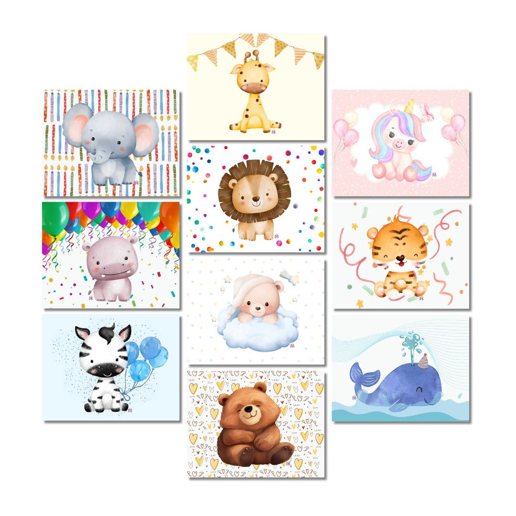 Set of 12 children's posters with various animals on a white background