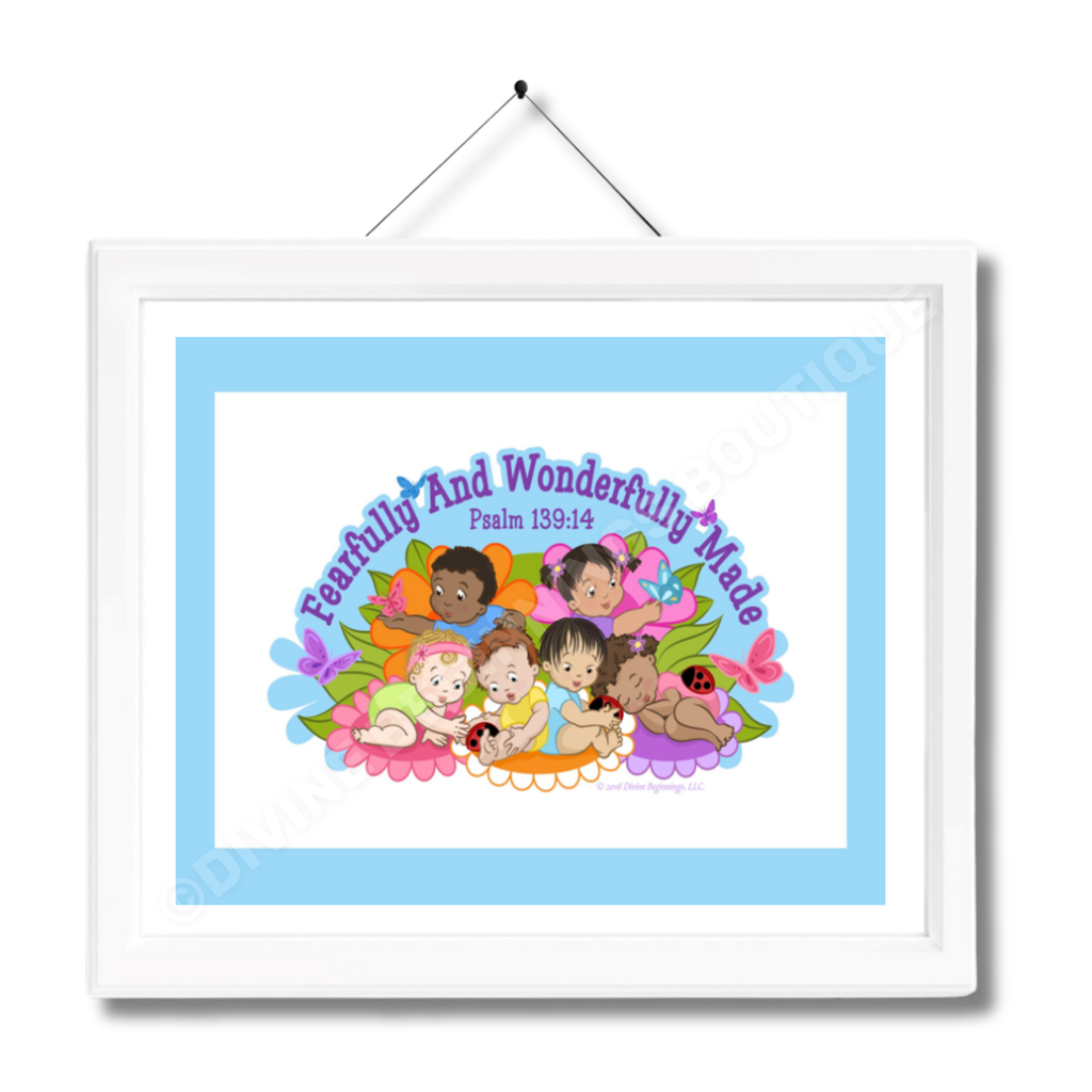 A framed artwork featuring diverse children with a blue border and a white mat, with the phrase 'Fearfully and Wonderfully Made' and a scripture reference.
