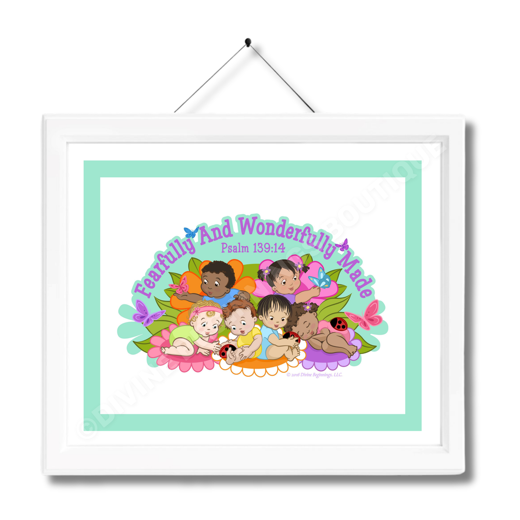 A framed artwork featuring diverse cartoon children with the text 'Fearfully and Wonderfully Made' and a scriptural reference, hanging on a white wall.