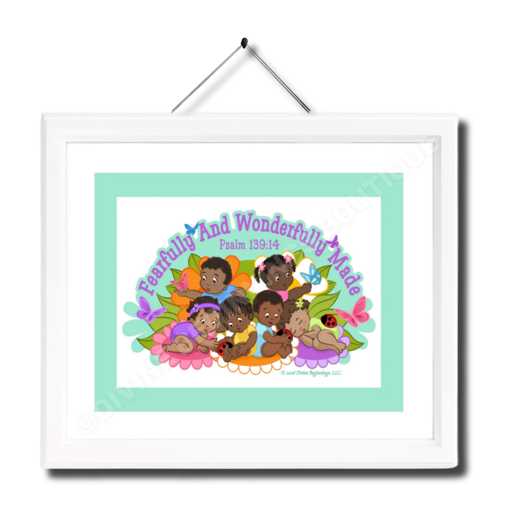 A framed artwork with the title 'Fearfully and Wonderfully Made' featuring a colorful print with floral elements and diverse cartoon children, displayed in a white frame.