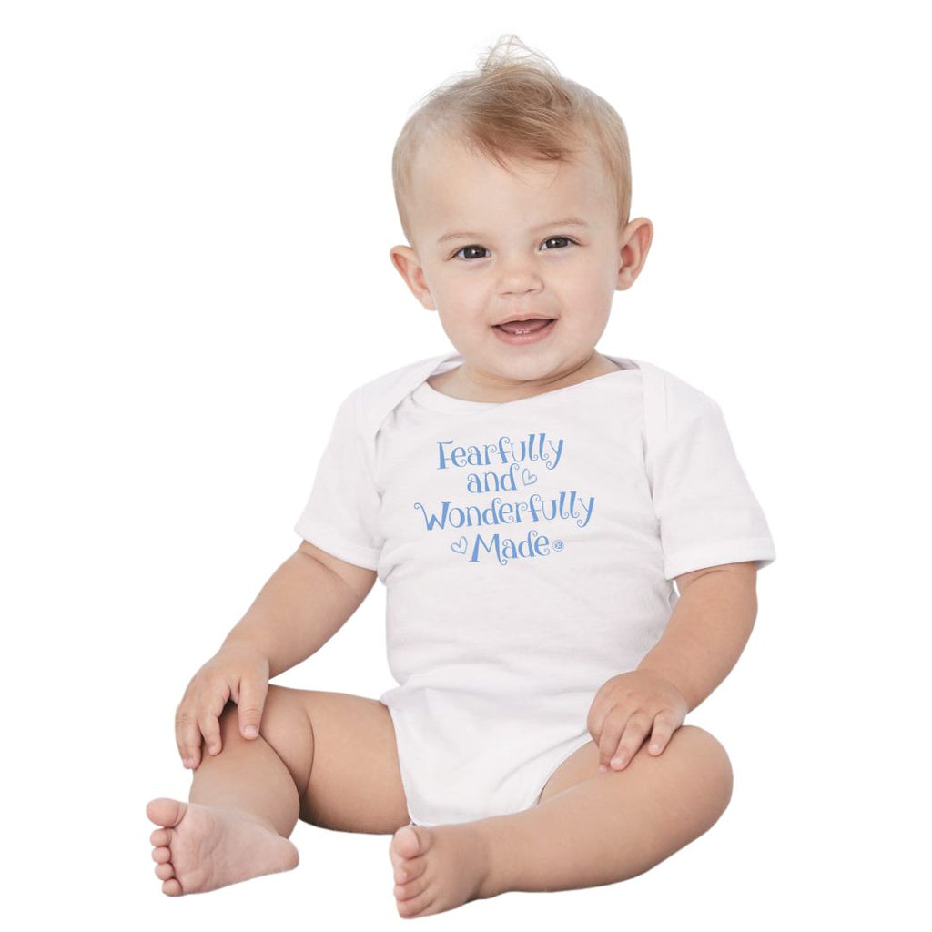 infant wearing Fearfully and Wonderfully Made boy onesie