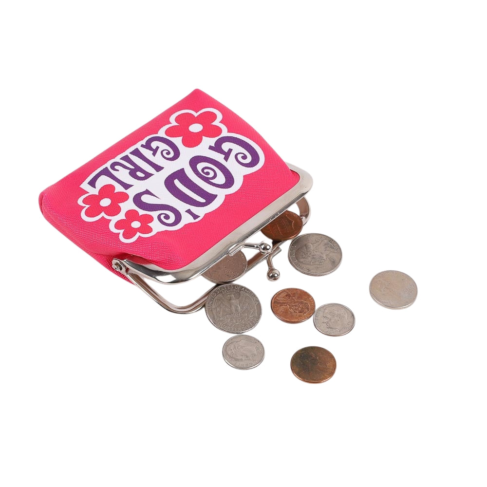 Pink coin purse with 'Good Girl' text and floral designs, filled with coins on a white background