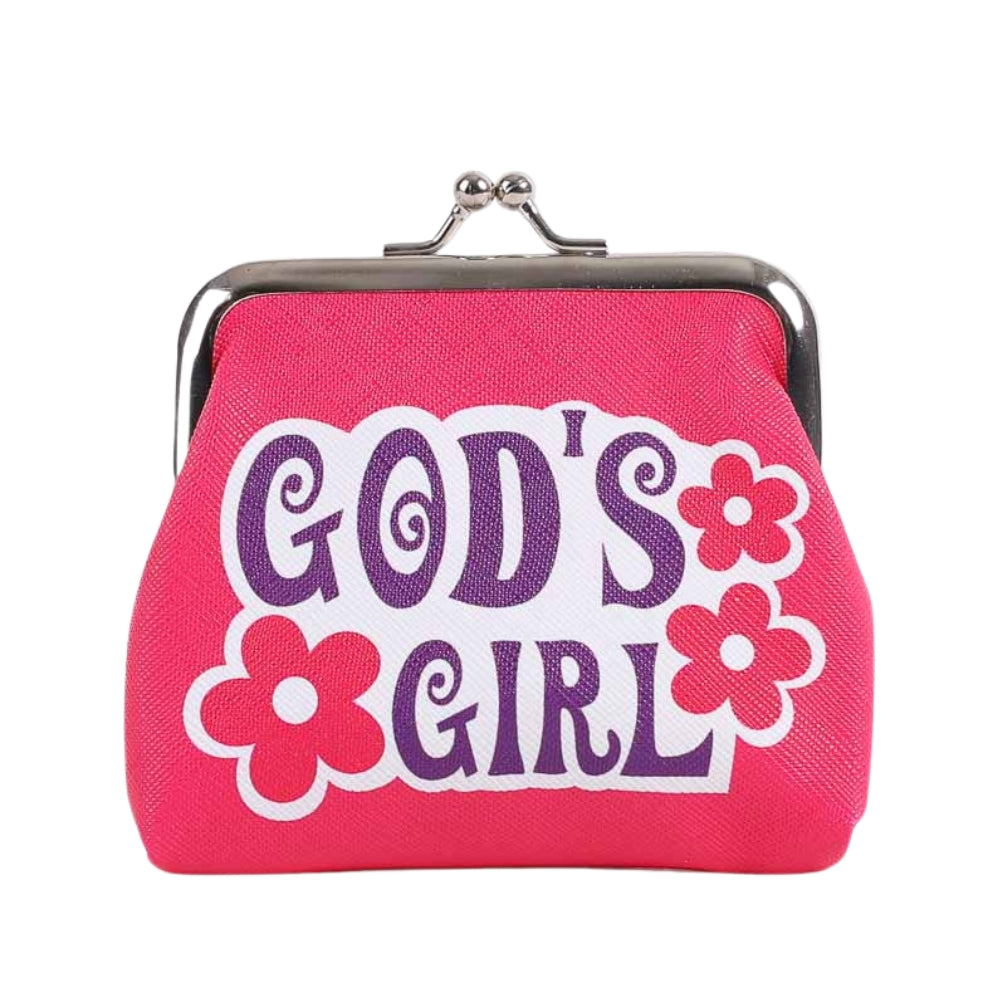 Pink coin purse with 'God's Girl' text and floral designs on a white background