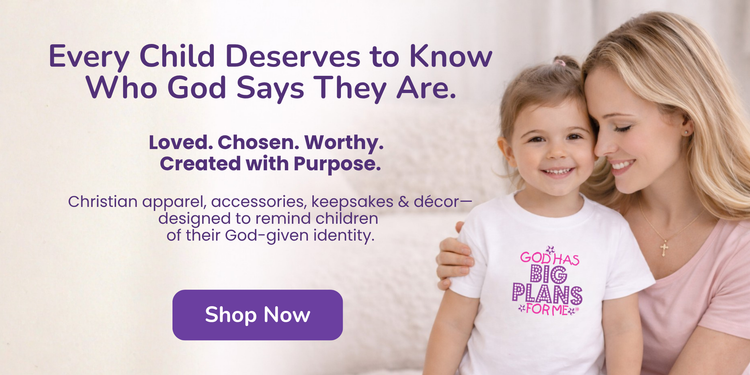 A woman and a young girl smiling together, wearing a white t-shirt with pink text that reads 'GOD'S BIG PLANS FOR ME.' The image includes promotional text about Christian apparel and accessories, with a purple 'Shop Now' button on a soft beige background.