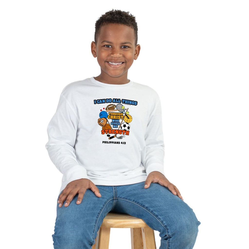 big boy wearing I Can Do All Things Through Christ (Sports Design) T-shirt Long sleeve