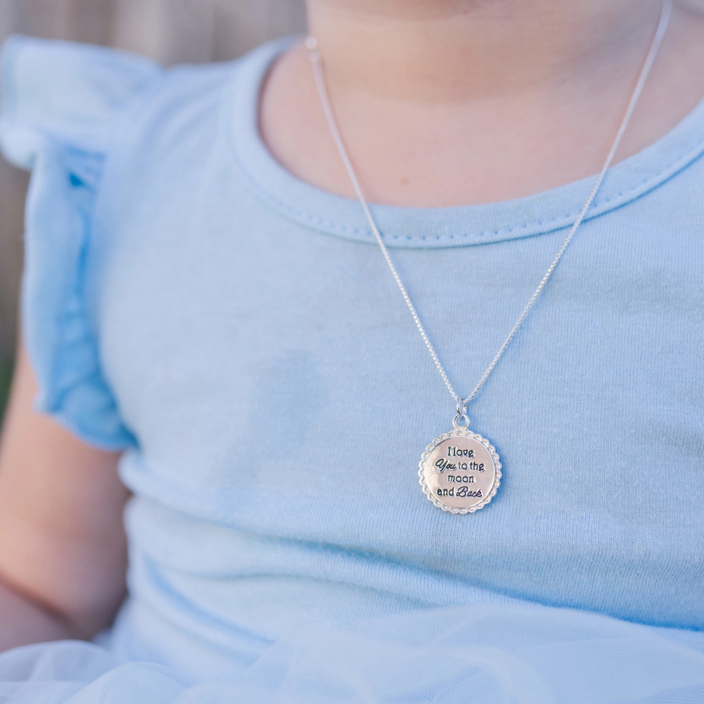 I Love You To the Moon & Back Sterling Silver Necklace when worn 2