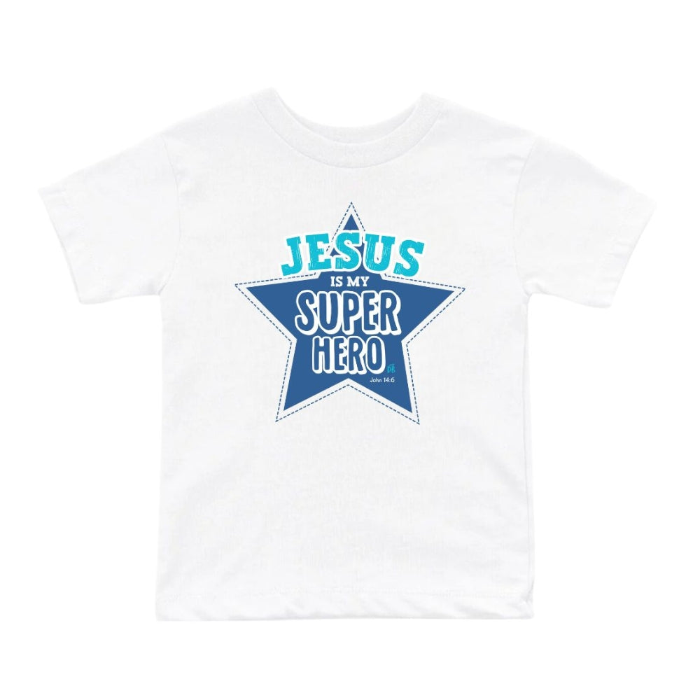 White t-shirt with 'Jesus is my super hero' design in blue and green on a white background