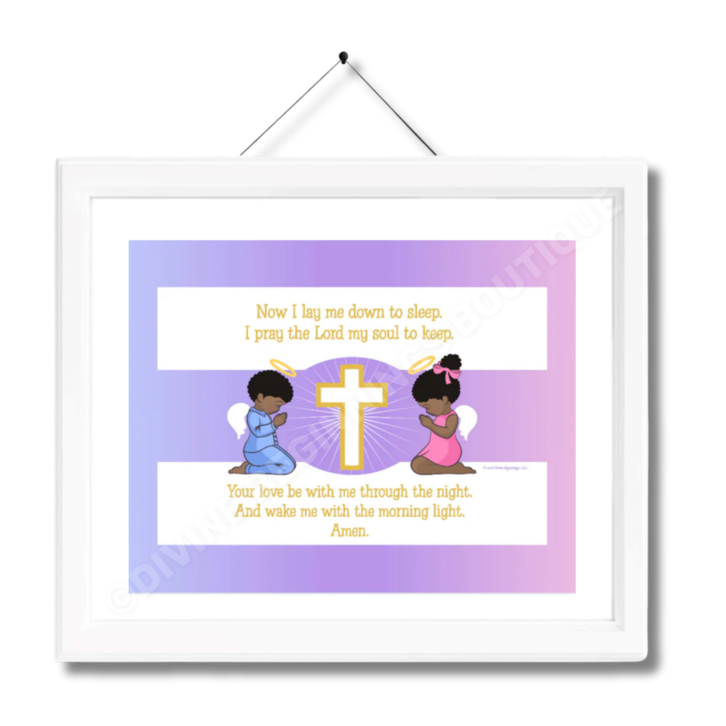 A framed artwork featuring two Black children with black hair, praying beside a cross, with a purple background. The artwork includes a portion of a bedtime prayer.