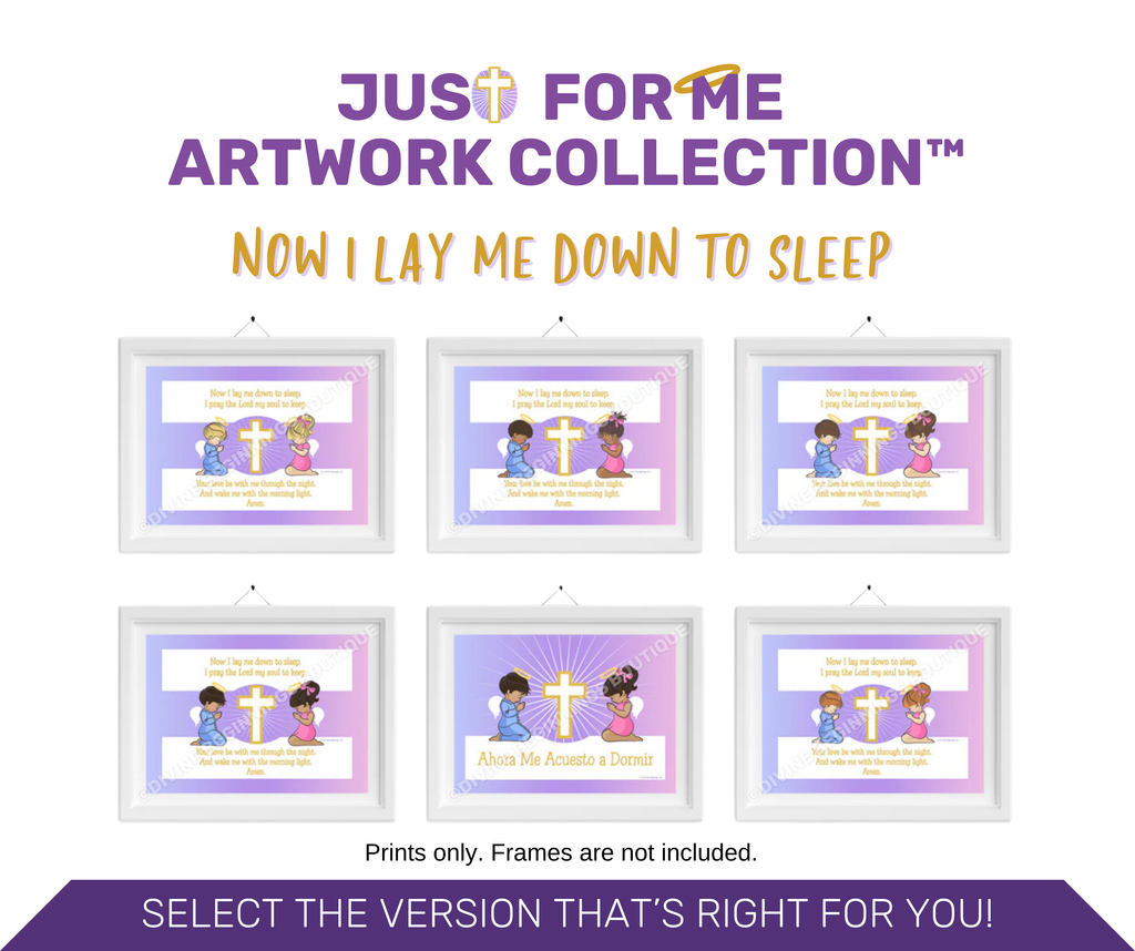 A framed print of two children praying with a cross and a colorful background, with a piece of artwork titled 'Now I Lay Me Down to Sleep' displayed on it.