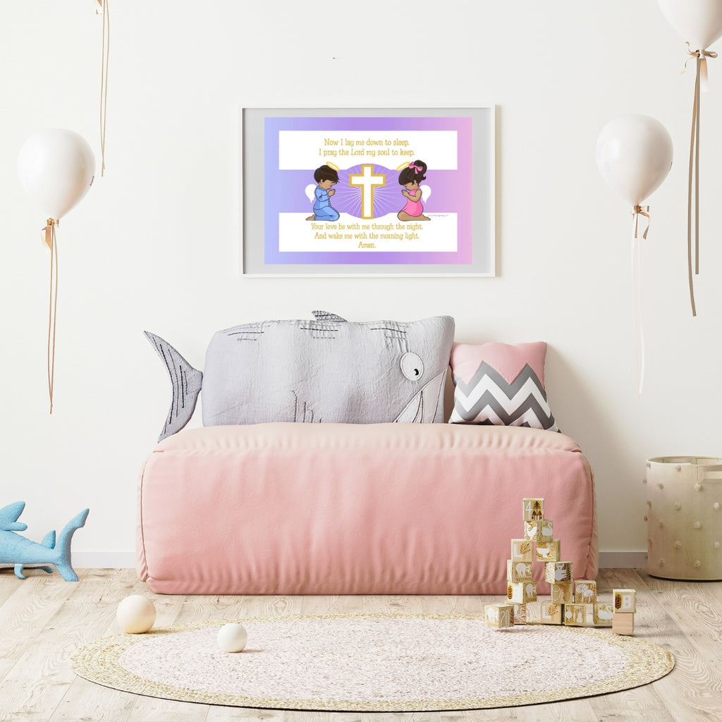 Children's room with pink sofa, shark pillow, and framed artwork on the wall.
