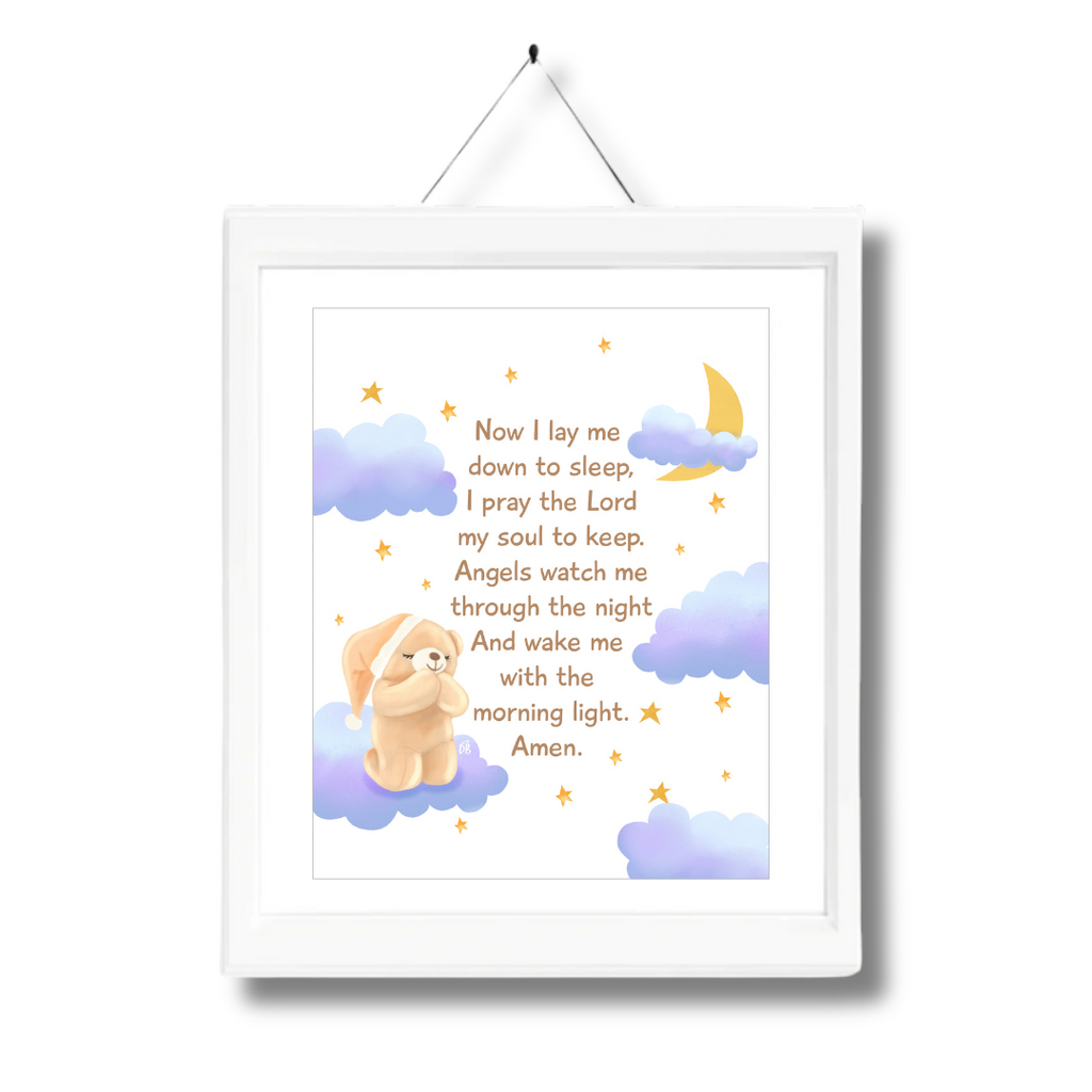 Framed children's prayer with a bear illustration on a white background