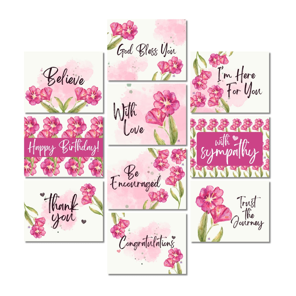 Set of greeting cards with floral designs and various messages on a white background