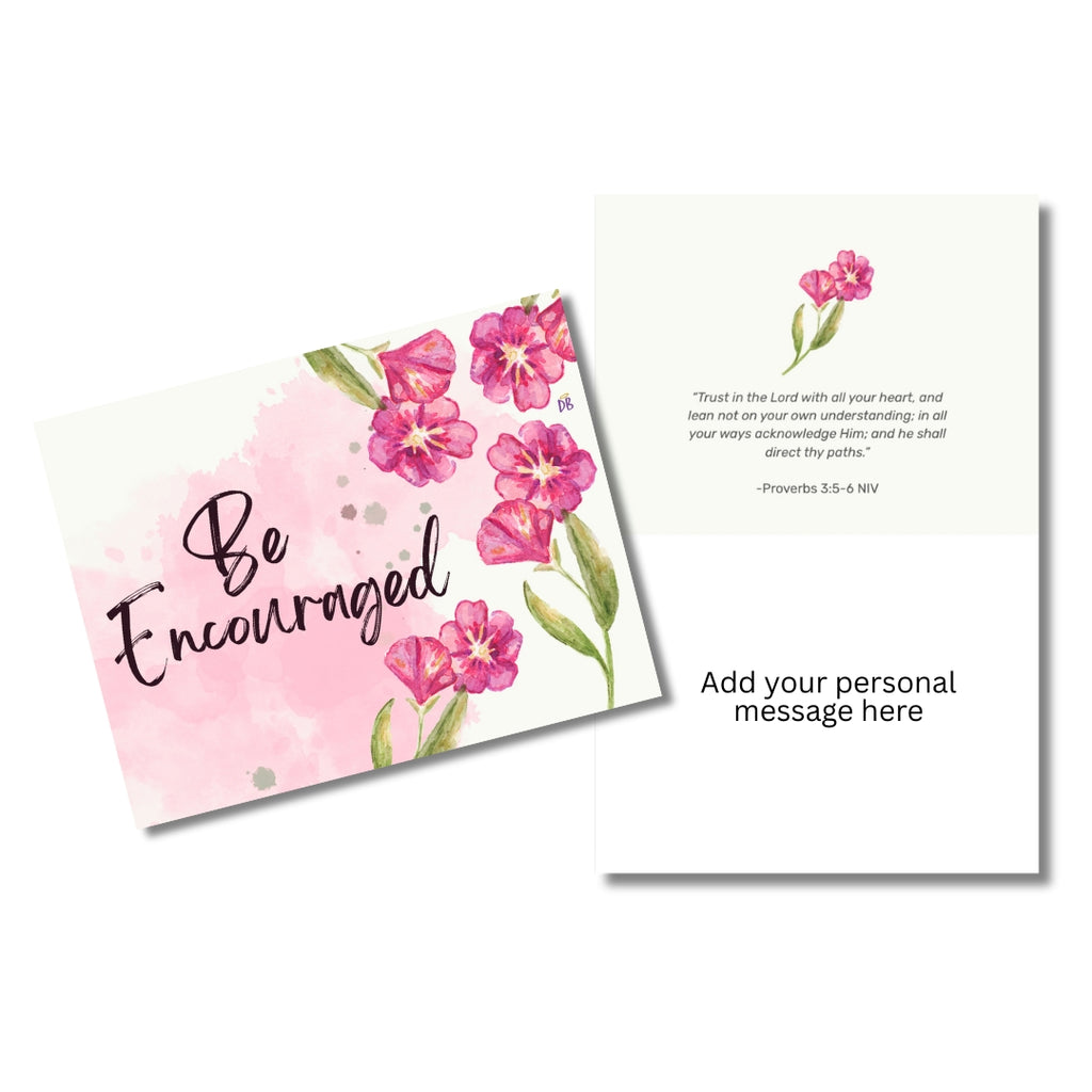 Greeting card with pink flowers and 'Be Encouraged' text on a white background