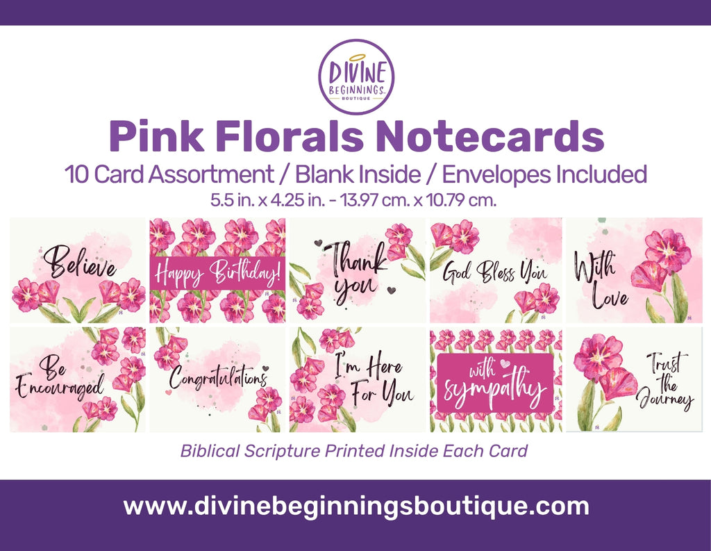 Pink florals notecards with various messages on a white background, featuring the brand 'Divine Beginnings'.