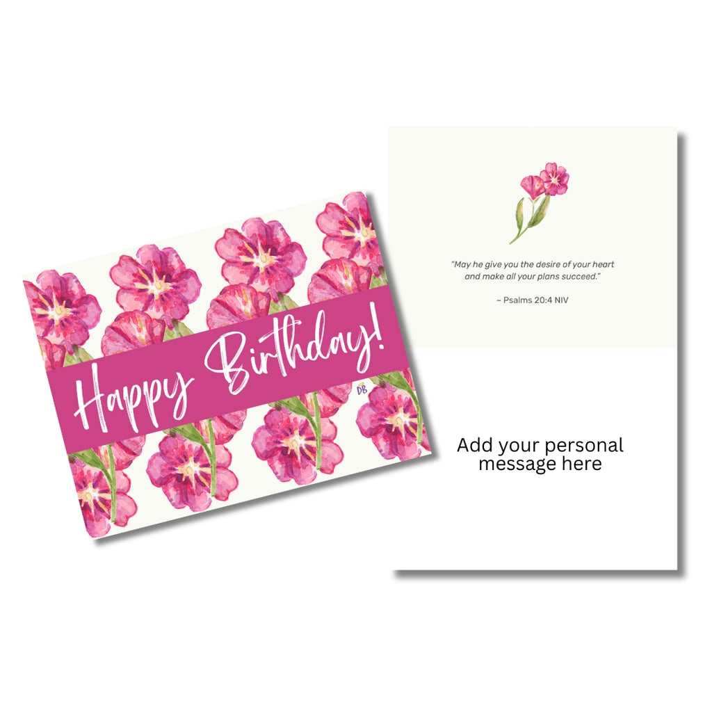 Birthday card with pink flowers and 'Happy Birthday!' text on a white background