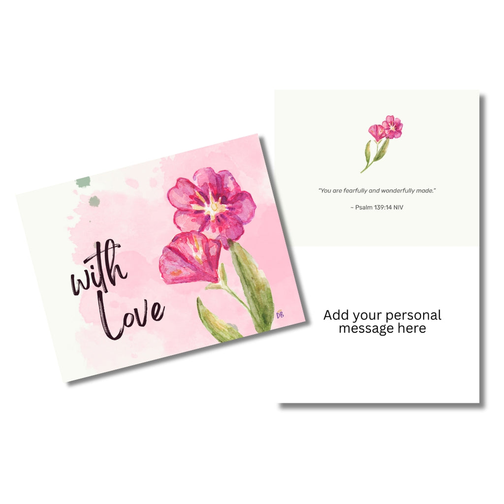 Greeting card with pink flowers and 'With Love' text on a white background
