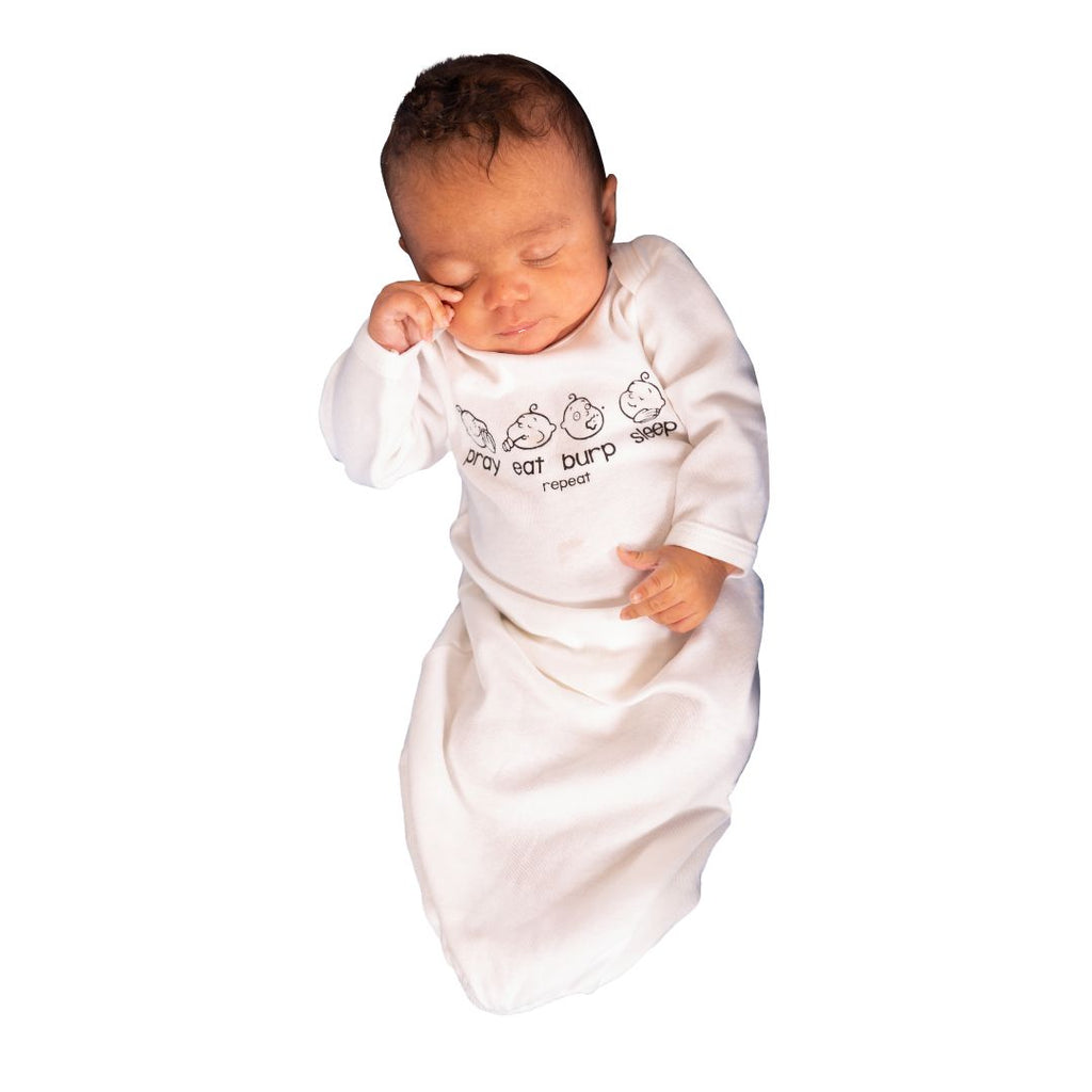 Baby wearing Pray Eat Burp Sleep Repeat Baby Gown