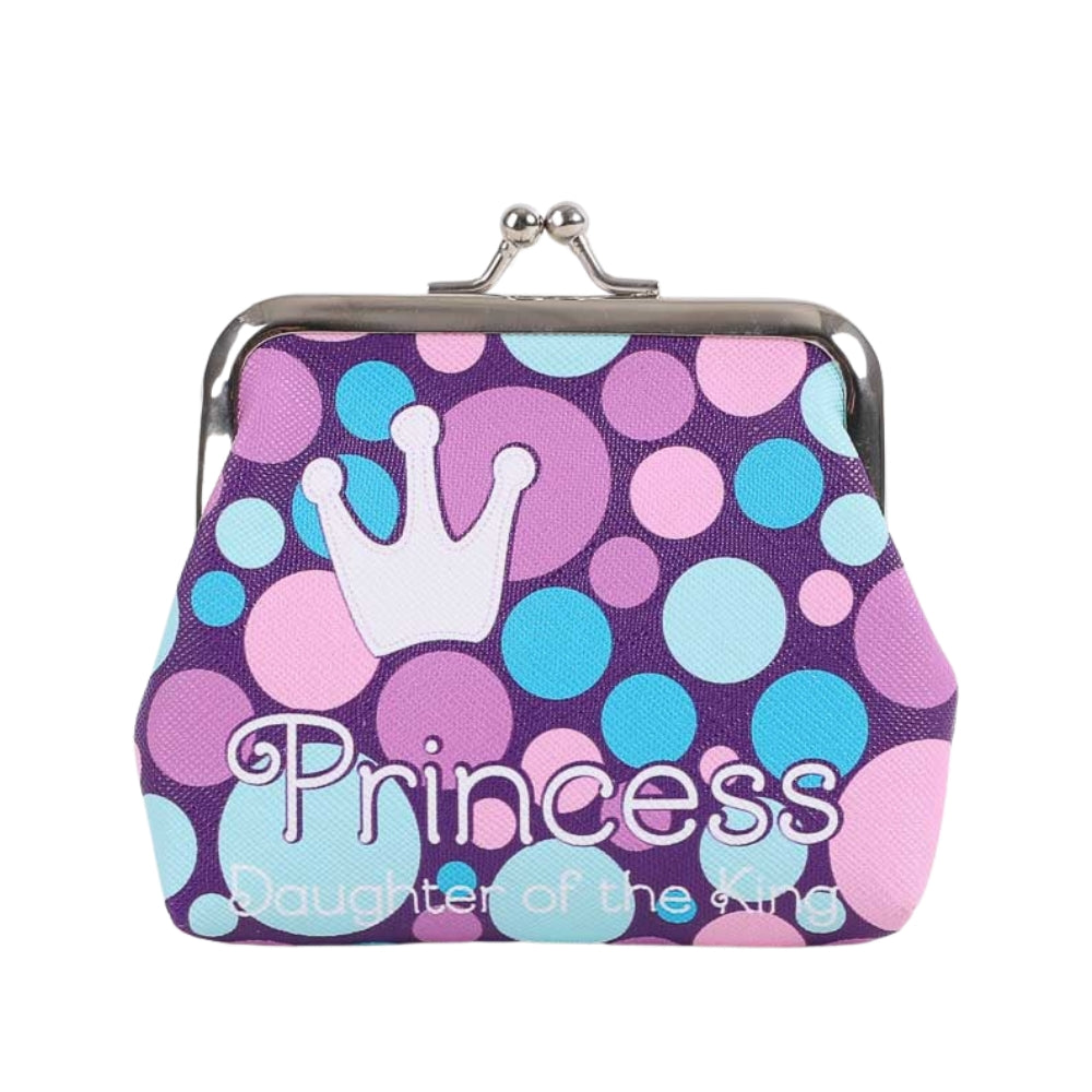 Coin purse with polka dot pattern and 'Princess Daughter of the King' text on a white background