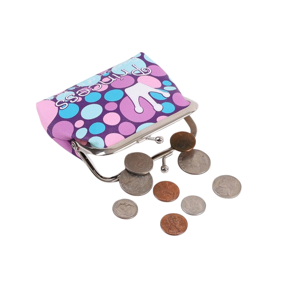 Children's coin purse with colorful polka dot design on a white background