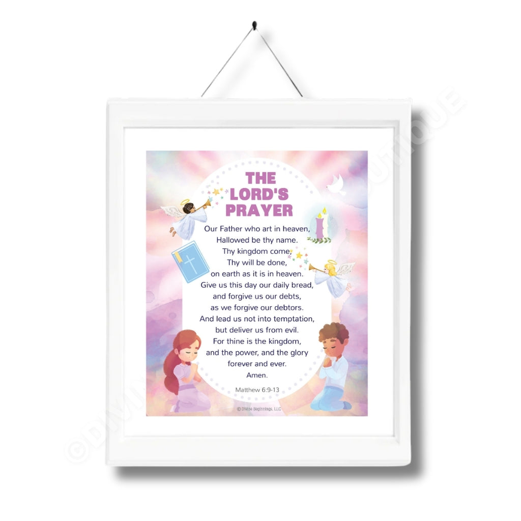 Framed poster with 'The Lord's Prayer' text and illustrations of children on a colorful background.