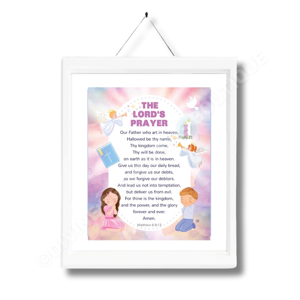 Framed poster with 'The Lord's Prayer' text and illustrations of a boy and girl on a colorful background.