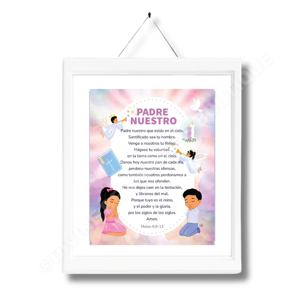 Framed poster with children's illustration and Spanish prayer text on a colorful background